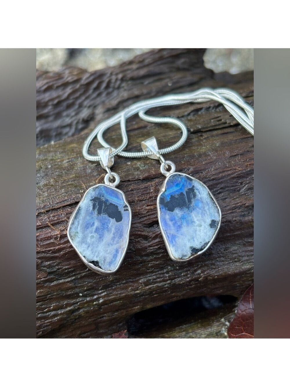 Rare Blue-Flash Moonstone & Black Tourmaline Slab Pendants Matched Set 925 Chain